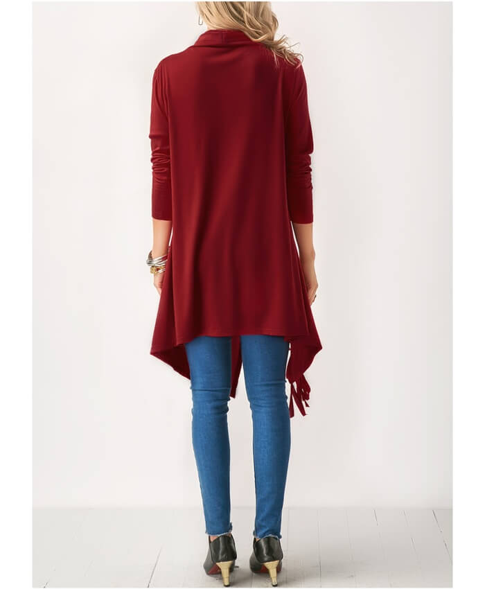 Wine Red Long Sleeve Asymmetric Hem Tassel T Shirt